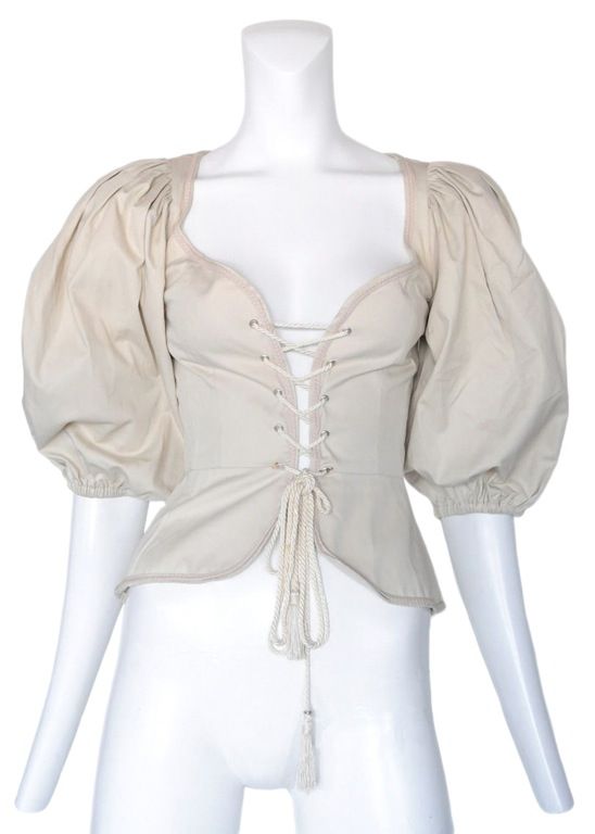 Khaki cotton corset top with exaggerated princess 3/4 sleeves and cord corset detail.