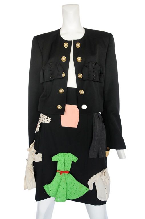 Black wool 2 piece skirt and suit jacket with doll clothing appliques.