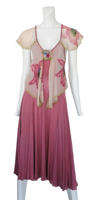 Dark mauve lavender dress with deep V-neck and a hand printed silk chiffon attached caplet.