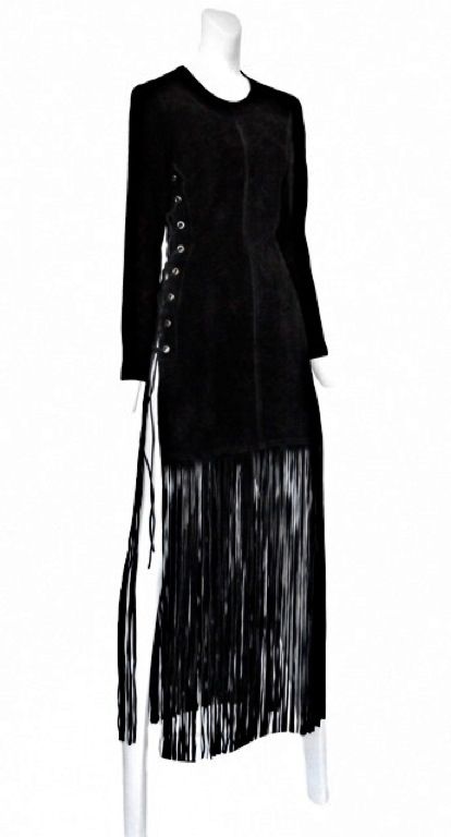 Anna Sui black long suede fringe dress with grommet and lace detail at sides.