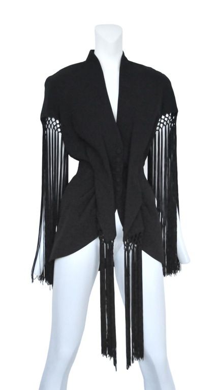 Black rayon blazer with silk fringe and macrame detailing. Amazing