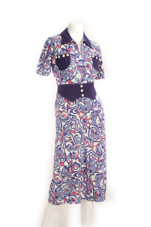 1930's Blue Floral Print Dress In Excellent Condition In New York, NY