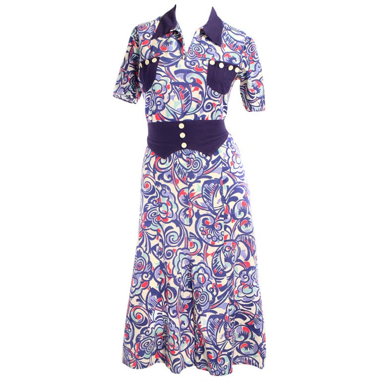 1930's Blue Floral Print Dress