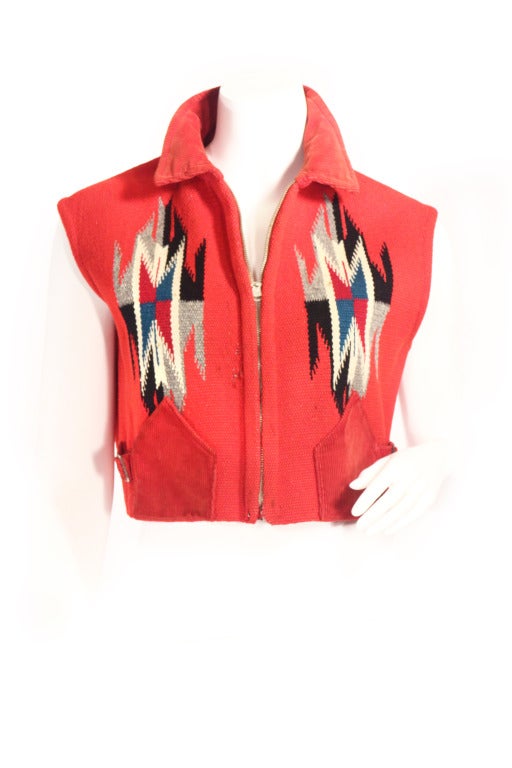 Rare vintage 1930's/1940's Chimayo cropped vest. Red wool with a gorgeous navajo print. Extremely versatile, current and wearable. Corduroy pockets and collar. I'm obsessed with this one!