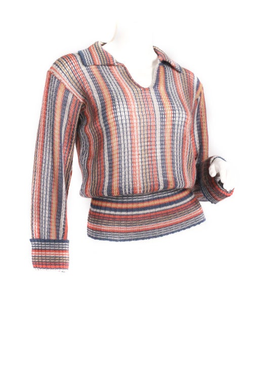 Early Missoni Knit Sweater. This sweater dates back to Missoni's second collection. Multi color- blue, white, orange, yellow. In mint condition.