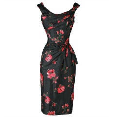1950's Ceil Chapman Black Red Silk Floral Bombshell Dress