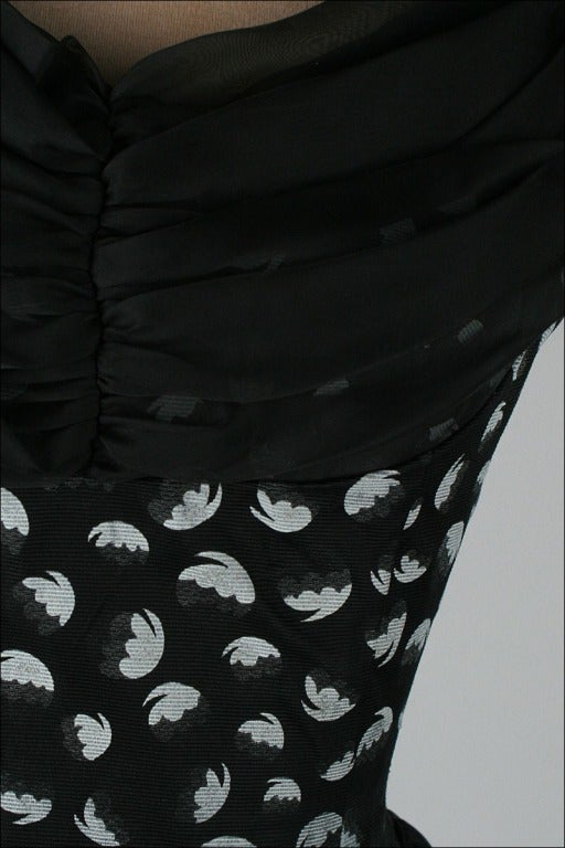 Vintage 1950's Black White Floral Cocktail Dress In Excellent Condition In Hudson on the Saint Croix, WI