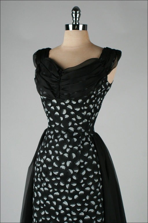 Women's Vintage 1950's Black White Floral Cocktail Dress
