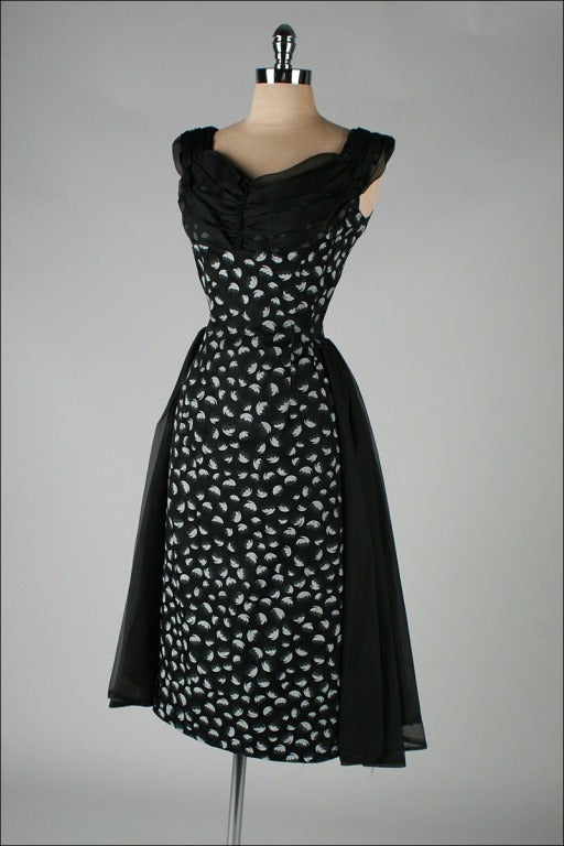 Vintage 1950's Black White Floral Cocktail Dress 1