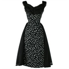 Vintage 1950's Black White Floral Cocktail Dress
