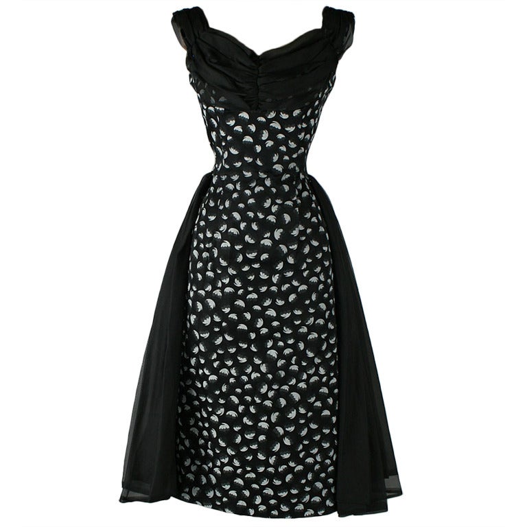 Vintage 1950's Black White Floral Cocktail Dress