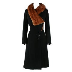 Vintage 1930's Black Wool Mink Fur Wrap Collar Coat