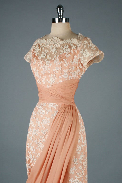 Women's 1950's Robert Martin Peach Lace Swagged Skirt Bombshell Dress