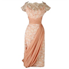 1950's Robert Martin Peach Lace Swagged Skirt Bombshell Dress