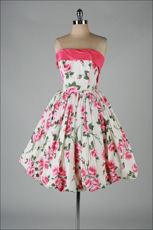 Vintage 1950's Pink Roses White Bubble Hem Strapless Dress In Excellent Condition In Hudson on the Saint Croix, WI