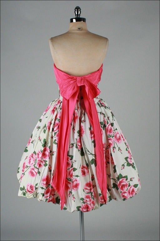 Women's Vintage 1950's Pink Roses White Bubble Hem Strapless Dress