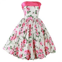 Vintage 1950's Pink Roses White Bubble Hem Strapless Dress