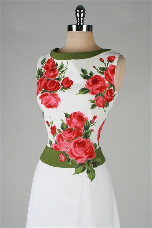 Vintage 1960's Rose Print Linen Cocktail Dress 1