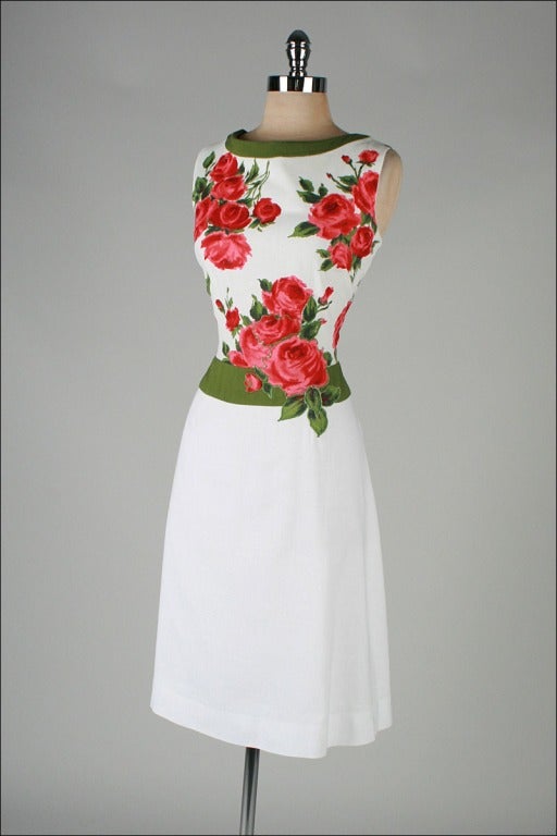 Vintage 1960's Rose Print Linen Cocktail Dress 2