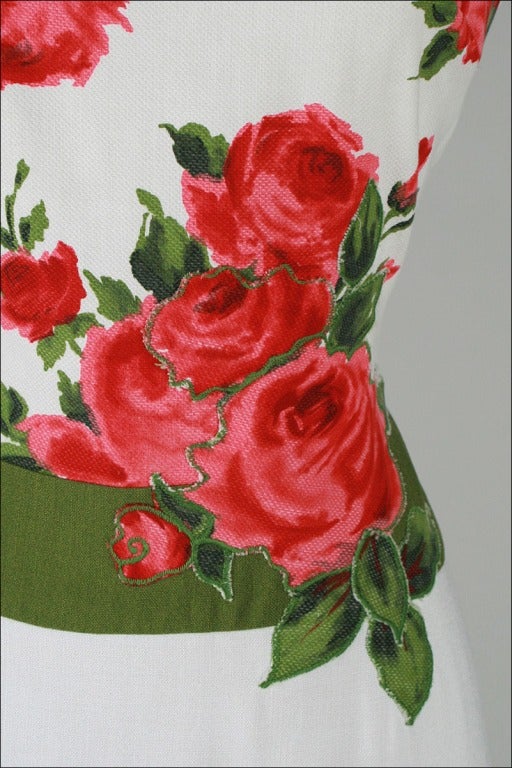 Vintage 1960's Rose Print Linen Cocktail Dress at 1stDibs
