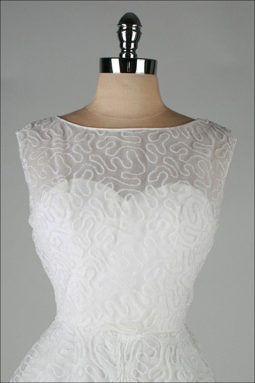 Vintage 1960's Bernetti White Glitter Swirl Cocktail Dress In Excellent Condition In Hudson on the Saint Croix, WI