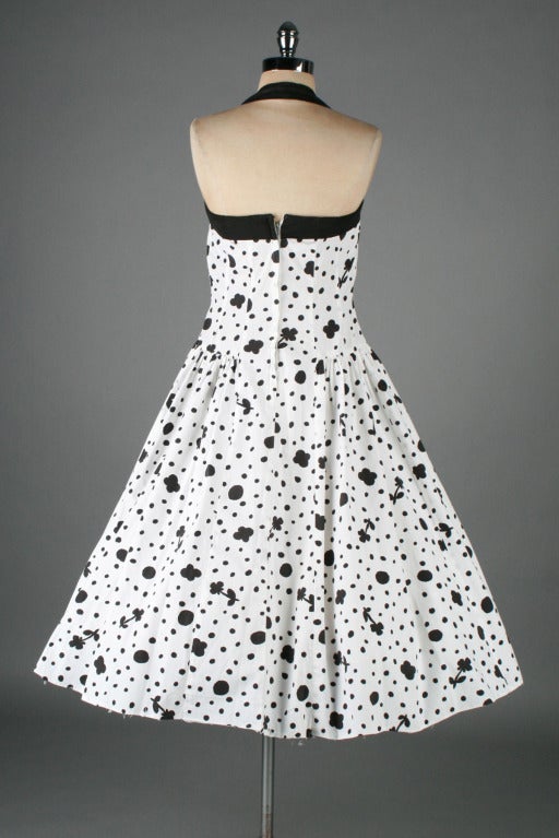 Vintage 1950's Black White Floral Cotton Halter Dress with Wrap at 1stDibs