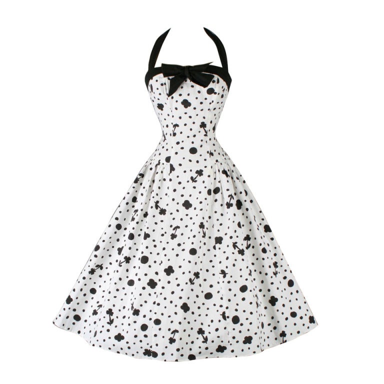 Vintage 1950's Black White Floral Cotton Halter Dress with Wrap