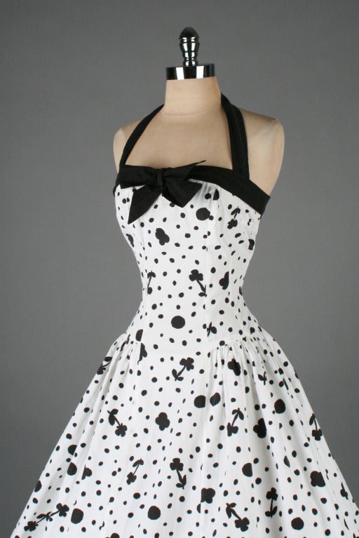 Vintage 1950's Black White Floral Cotton Halter Dress with Wrap 3