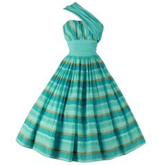 Vintage 1950's Turquoise Gold Stripe Cotton Sash Shoulder Dress