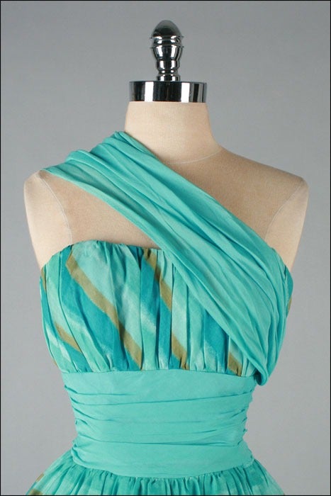 Vintage 1950's Turquoise Gold Stripe Cotton Sash Shoulder Dress In Excellent Condition In Hudson on the Saint Croix, WI
