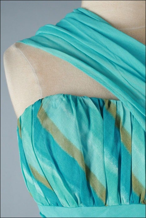 Women's Vintage 1950's Turquoise Gold Stripe Cotton Sash Shoulder Dress