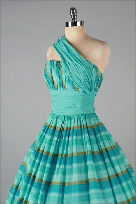 Vintage 1950's Turquoise Gold Stripe Cotton Sash Shoulder Dress 1