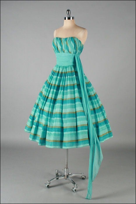 Vintage 1950's Turquoise Gold Stripe Cotton Sash Shoulder Dress 2