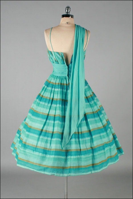 Vintage 1950's Turquoise Gold Stripe Cotton Sash Shoulder Dress 3