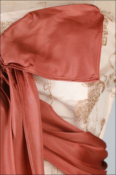 Women's Vintage 1950's Mocha Tulle Metallic Embroidery Strapless Dress