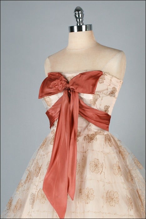Vintage 1950's Mocha Tulle Metallic Embroidery Strapless Dress 1