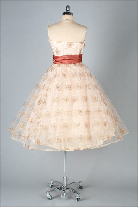 Vintage 1950's Mocha Tulle Metallic Embroidery Strapless Dress 2