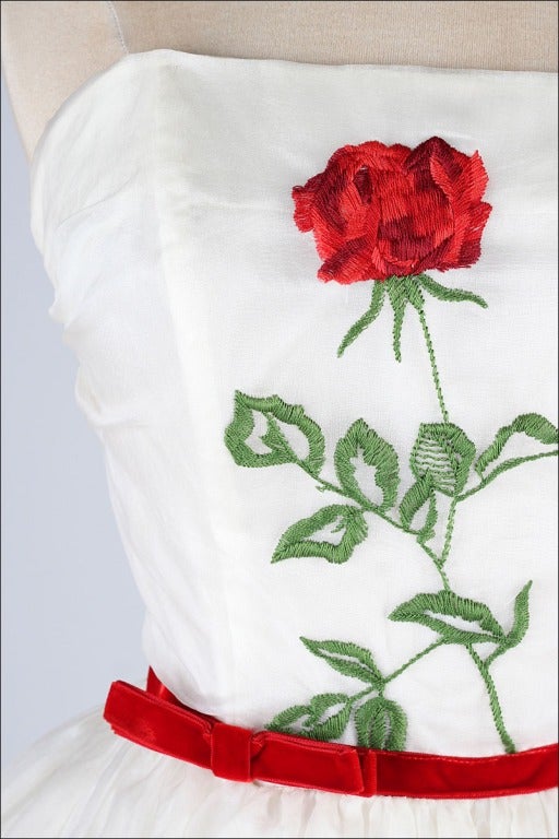 Vintage 1950's Ivory Organza Red Roses Dead Stock Dress In Excellent Condition In Hudson on the Saint Croix, WI