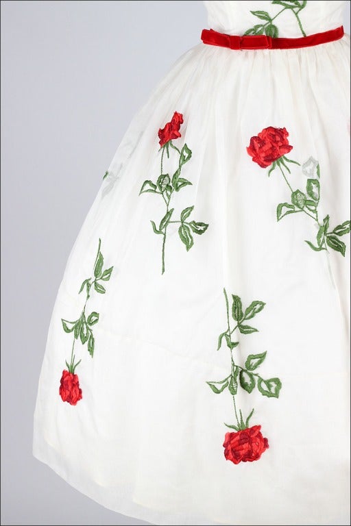 Women's Vintage 1950's Ivory Organza Red Roses Dead Stock Dress