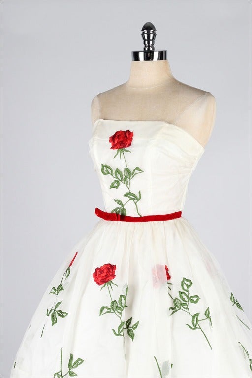 Vintage 1950's Ivory Organza Red Roses Dead Stock Dress 1