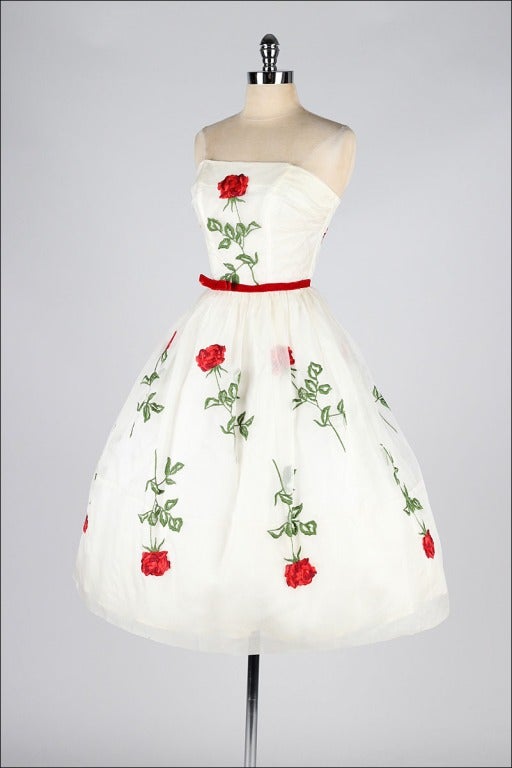 Vintage 1950's Ivory Organza Red Roses Dead Stock Dress 2