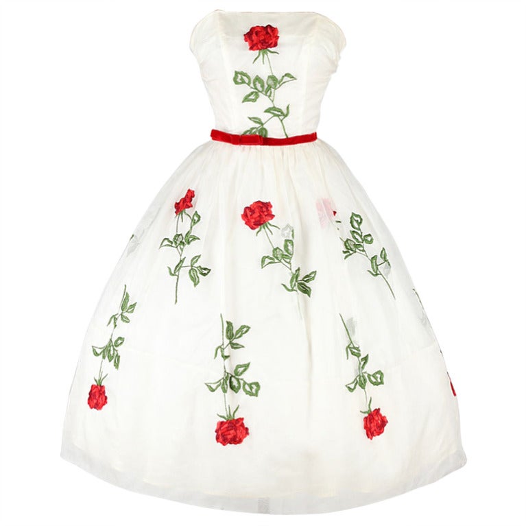 Vintage 1950's Ivory Organza Red Roses Dead Stock Dress