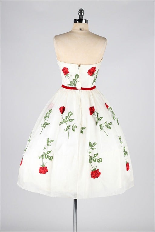 Vintage 1950's Ivory Organza Red Roses Dead Stock Dress 5