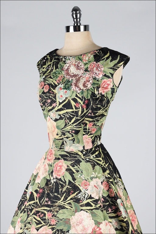 Vintage 1950's Polished Cotton Floral Sequins Dress 1