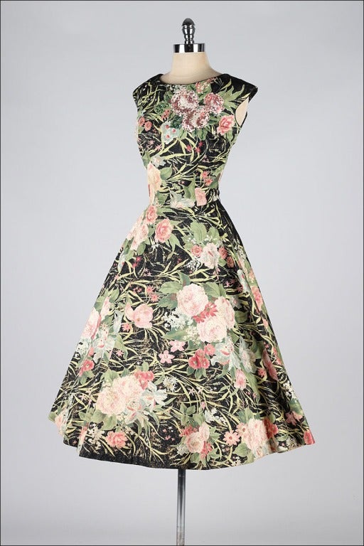 Vintage 1950's Polished Cotton Floral Sequins Dress 2