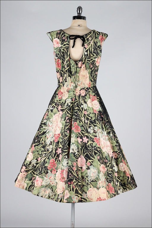 Vintage 1950's Polished Cotton Floral Sequins Dress 3
