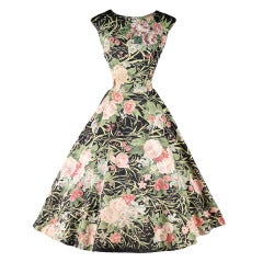 Vintage 1950's Polished Cotton Floral Sequins Dress