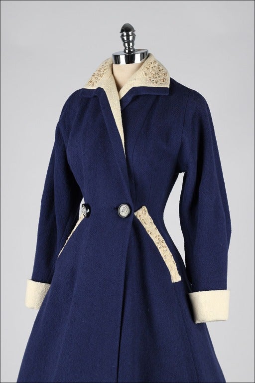 Women's Vintage 1940's Wool Pearl Trim Princess Coat