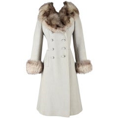 Retro 1960's Silver Fox Fur Trim Wool Coat