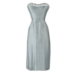 Vintage 1950's Grey Blue Raw Silk Strapless Dress and Wrap
